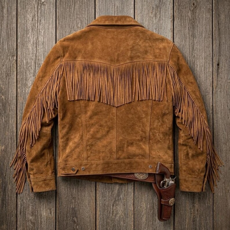 May include: A brown suede jacket with fringe detailing across the back and sleeves. The jacket has a classic collar and button closures. A brown leather holster with a silver revolver is tucked under the jacket.