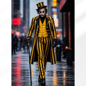 May include: A figure wearing a yellow and black striped tailcoat, matching trousers, and a top hat. The outfit includes a yellow waistcoat with buttons, a black shirt, and black gloves. A black cane is held in one hand. The face features white makeup.