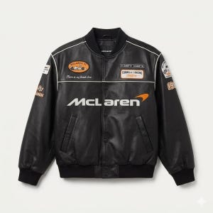 Può includere: Giacca da corsa nera McLaren Formula 1 con dettagli bianchi e toppe. La giacca presenta il logo McLaren e toppe a tema racing, tra cui il testo "McLaren FI" e "Formula 1 Racing".