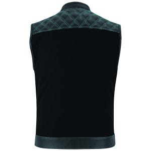 Op de afbeelding: Zwart vest met een gewatteerde, teal-gestikte schouderjuk en kraag. Het vest heeft een effen zwarte body en een leren afwerking aan de onderkant. De achterkant van het vest wordt getoond.