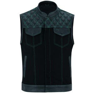 Denim leren bikervest heren | Diamant gewatteerd motorvest | Mouwloos jack in clubstijl | Ruitergilet | Bikervest heren Green Leather Vest