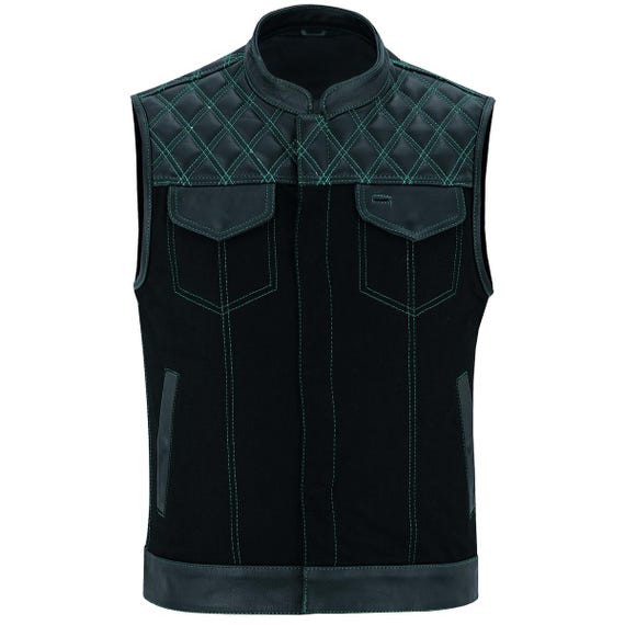 Men’s Denim Leather Biker Vest | Diamond Quilted Motorcycle Vest | Club Style Sleeveless Jacket | Rider Waistcoat | Mens Biker Vest