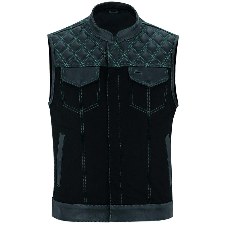 Denim leren bikervest heren | Diamant gewatteerd motorvest | Mouwloos jack in clubstijl | Ruitergilet | Bikervest heren Green Leather Vest