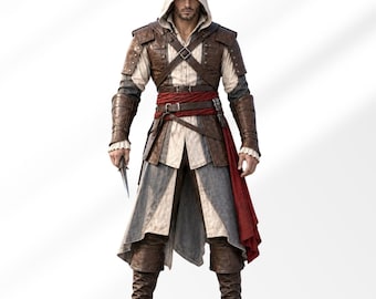 Męski kostium zabójcy w stylu cosplay, strój zabójcy w stylu średniowiecznego renesansu, kostium z kapturem ze sztucznej skóry, kostium cosplay, kostium czarodzieja