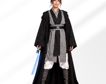 Strój wojownika science fiction do cosplayu, bawełna i skóra, zestaw tuniki z kapturem, kostium Jedi, szata Jedi, kostium cosplay, szata czarodzieja