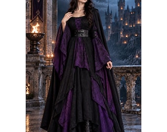 Suknia gotyckiej królowej z kapturem | Średniowieczna sukienka fantasy | Czarno-fioletowy kostium czarownicy | Damski strój cosplay na Halloween w stylu renesansowym