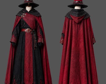 Strój gotyckiego czarodzieja, peleryna fantasy cosplay, średniowieczny strój czarownicy-maga, peleryna z kapturem, renesansowy kostium LARP, renesansowy płaszcz jarmarczny