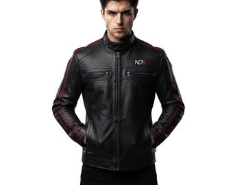 Kurtka skórzana N7, kurtka cosplayowa dowódcy Sheparda, czarna skórzana kurtka motocyklowa, kurtka kostiumowa Sci Fi, kurtka cosplayowa N7, czarna kurtka typu bomber