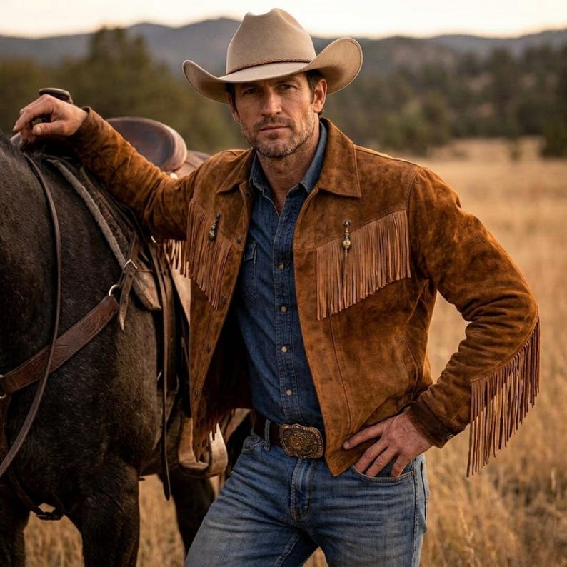 May include: A man in a brown suede fringed jacket, denim shirt, and blue jeans, with a cowboy hat and decorative belt buckle. He leans against a horse in a field. The jacket has decorative fringe.