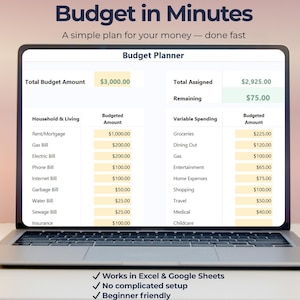May include: A laptop displaying a budget planner with categories like rent, groceries, and entertainment. The screen shows a total budget amount of $3,000.00, with $75.00 remaining. Text at the top reads "Budget in Minutes".