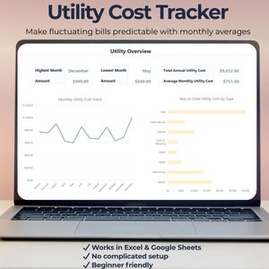 May include: A laptop screen shows a "Utility Cost Tracker" interface. The display includes a utility overview with monthly costs, a trend graph, and a breakdown by type. Text on the screen includes "Works in Excel & Google Sheets" and "Beginner friendly."