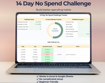 14 Day No Spend Challenge Tracker | Build Better Spending Habits | Excel & Google Sheets
