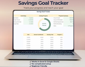 Savings Goal Tracker Spreadsheet | Savings Progress Dashboard | Excel & Google Sheets Finance Template