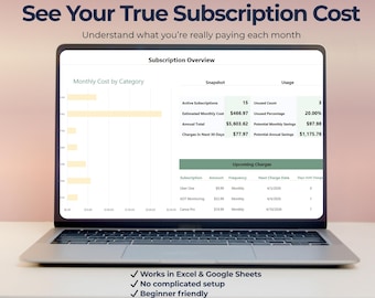 Subscription Tracker Spreadsheet | Monthly & Annual Cost Breakdown | Recurring Expense Dashboard | Excel and Google Sheets
