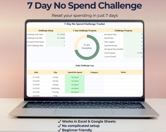 7 Day No Spend Challenge Tracker | Weekly Spending Reset | Excel & Google Sheets