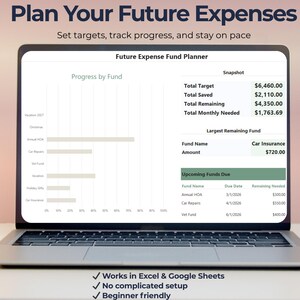 May include: A laptop displays a financial planning spreadsheet titled "Future Expense Fund Planner." The screen shows progress bars, financial targets, and upcoming expenses. Text at the top reads "Plan Your Future Expenses." The laptop is on a white surface.
