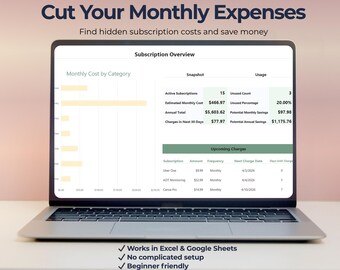 Cut Monthly Expenses Spreadsheet | Subscription Cost Tracker & Savings Finder | Excel and Google Sheets