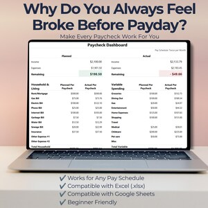 May include: A laptop screen displaying a Paycheck Dashboard spreadsheet with columns for planned and actual income, expenses, and remaining funds. The text reads Why Do You Always Feel Broke Before Payday? Make Every Paycheck Work For You.