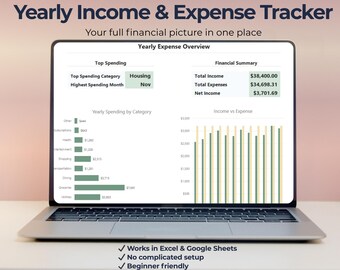 Yearly Income & Expense Tracker Spreadsheet | Annual Finance Tracker | Excel and Google Sheets Budget Tool