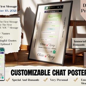 Puede incluir: Un póster de chat personalizable enmarcado con un marco negro. El póster muestra una conversación de chat simulada con el texto "First Message November 10, 2021" y "I love you too... forever." Es un producto digital.