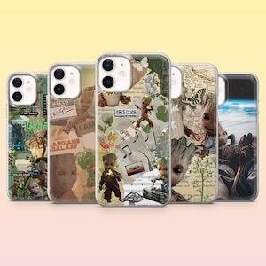 Puede incluir: Cinco fundas para teléfono con diferentes diseños, todas con el personaje Groot de Guardianes de la Galaxia. Las fundas incluyen texto como "I AM GROOT" y "JARDIANS GALAXY". Los diseños tienen una estética de collage con varios elementos de imagen y texto.