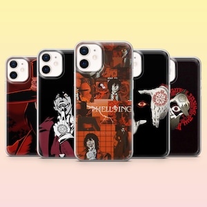 May include: A collection of five phone cases featuring anime-style artwork. The cases display various designs, including characters in red and black, and the text "HELLSING". The cases are designed for a smartphone.