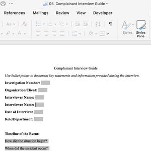 May include: A screenshot of a Microsoft Word document titled "05. Complainant Interview Guide." The document includes a title, bullet points for an interview guide, and fields for information such as investigation number, interviewer name, and date of interview.