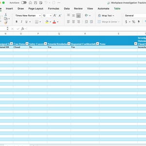May include: Screenshot of a Microsoft Excel spreadsheet labelled "Workplace Investigation Tracking Log." The spreadsheet has a blue header row with column titles including "Assigned To," "Case Status," and "Investigation Outcome." Data is organised in rows and columns.