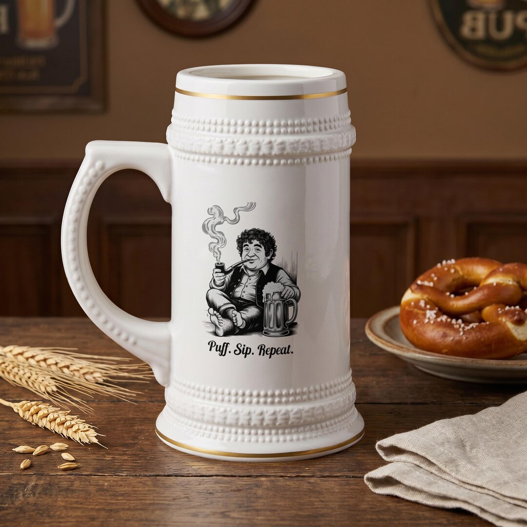 Materialistic Fantasy Characters Reference: Beer Stein Mug Cozy Fantasy Character Gold Trimmed Handle
