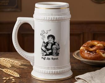 Cozy Fantasy Character Beer Stein, Puff Sip Repeat Pipe Smoker Mug, Whimsical Drinkware Gift for Book Lovers & Beer Enthusiasts