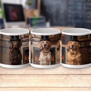 Sophisticated Gentleman Dogs Top Hat Pipe Mug, Dapper Dog Lover Tumbler Gift, Golden Retriever English Setter Pointer, Library Study Decor