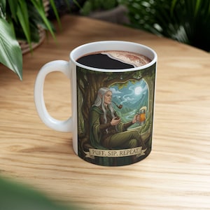 Pipe Smoking Elf Coffee Mug, Fantasy DnD Tumbler, Elven Beer Insulated Mug, Medieval Cozy Gift for Gamer