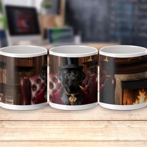 May include: White ceramic mug featuring a black Labrador Retriever in a top hat and formal attire, smoking a pipe. The mug's design includes a library setting with a fireplace and a red leather chair.