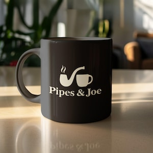 Pipes and Joe Mug, Vintage Pipe Art Coffee Cup (11oz Ceramic Black)