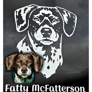 May include: A black background features a white outline of a dog's head and a realistic photo of a dog. The photo is of a brown dog with floppy ears and a green collar. The text "Fatty Mcfatterson" is written in white.