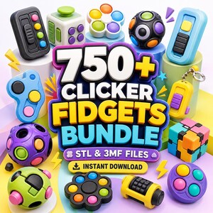 Könnte beinhalten: Eine Sammlung verschiedener bunter Kunststoff-Fidget-Spielzeuge, darunter Kugeln, Würfel und Hand-Clicker. Der zentrale Text lautet 750+ CLICKER FIDGETS BUNDLE, STL & 3MF FILES und INSTANT DOWNLOAD. Die Gegenstände verfügen über Tasten, Schieber und Drehmechanismen.