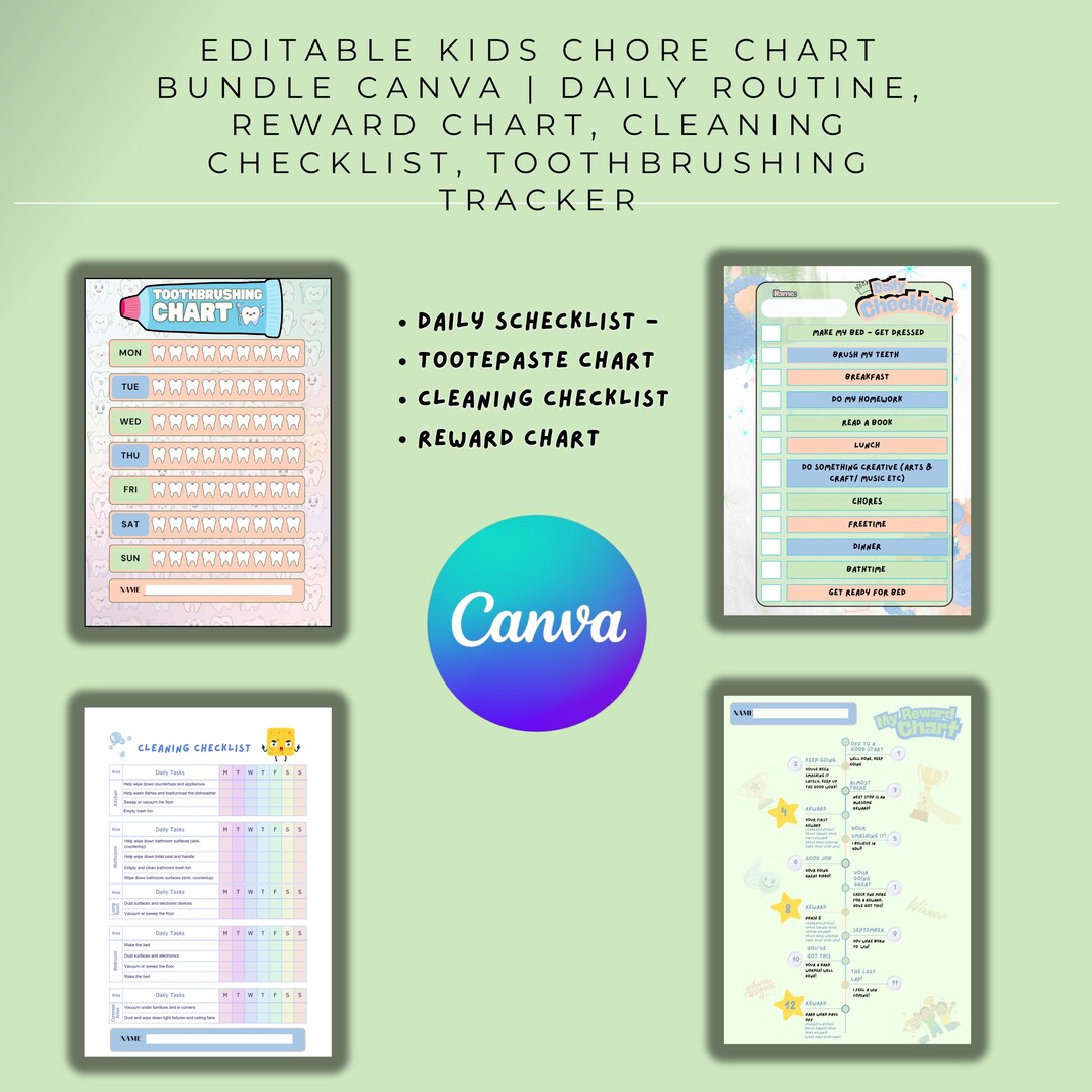 Editable Kids Chore Chart Bundle Canva | Daily Routine, Reward Chart ...