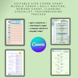 Bundel met bewerkbare takenkaart voor kinderen canva | Dagelijkse routine, beloningsschema, schoonmaakchecklist, tandenpoetstracker