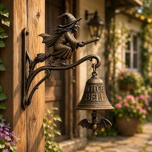 Witch Bell Wall Hanging 2D, Halloween Witch Decor, Flying Witch Bell Sign, Gothic Porch Ornament, Spooky Entryway Decor