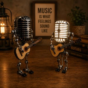May include: Two decorative microphone-shaped robots, each holding a small acoustic guitar. One microphone is lit, the other is not. The robots are silver-toned with black accents. A framed sign behind them reads "MUSIC IS WHAT FEELINGS SOUND LIKE."