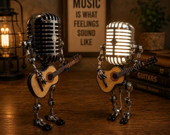 Lampe de table robot micro, veilleuse rétro en métal, décoration de bureau pour joueur de guitare