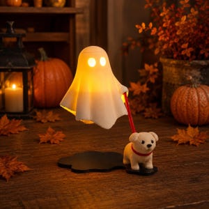 Cute Ghost LED Night Light - Spooky Dog Figure Desk Lamp - Halloween Bedroom Decor - Warm Light Ghostly Ornament - Whimsical Pet Lover Gift