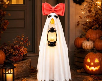 Fantasia de Fantasma para Ganso de Varanda de Halloween para Ganso de 58 cm, Capa Branca para Fantasia de Fantasma, Laço Rosa, Lanterna de LED, Decoração de Outono para Área Externa