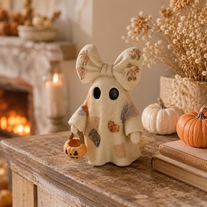 Resin Lighted Patchwork Ghost Figurine with Pumpkin Bucket, Whimsical Halloween Shelf Decor