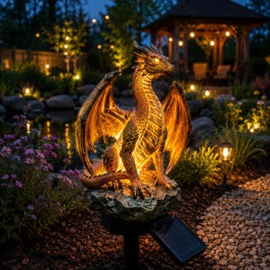 Lampada solare a paletto a forma di drago 3D luminoso, decorazione da giardino fantasy medievale.