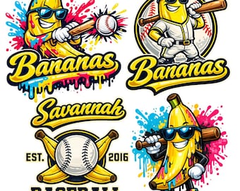 Savannah Bananas Baseball Doodle PNG Bundle, Lets Go Bananas PNG, Retro Yellow Banana Mascot, Savannah Baseball Shirt Design