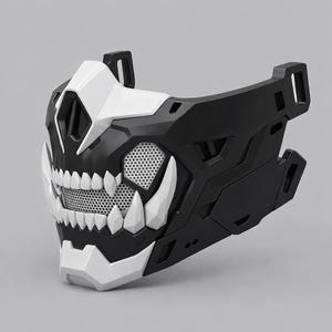 Puede incluir: Una máscara de calavera en blanco y negro con un diseño amenazante. La máscara presenta formas angulares y afiladas, una cubierta ocular de malla y prominentes dientes blancos. La estética general es futurista e intimidante, adecuada para cosplay o eventos temáticos.