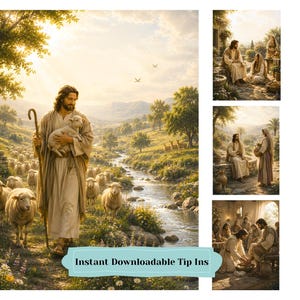 May include: A collection of four digital art prints featuring scenes of a figure in robes with sheep, a river landscape, and group gatherings. The images display warm golden lighting, natural settings, and the text Instant Downloadable Tip Ins.