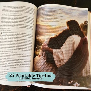May include: An open book with printed text on the left page and a full-colour illustration of a person embracing another on the right page. A light blue banner overlay at the bottom contains the text 25 Printable Tip-Ins 6x8 Bible Inserts.