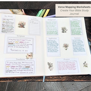 Könnte beinhalten: Ein offenes Bibelstudien-Journal mit handschriftlichen Notizen und floralen Aufklebern. Das Journal enthält Abschnitte für Schlüsselwörter, Schriftstellen und Gebete. Der Text lautet "Verse Mapping Worksheets Create Your Bible Study Journal."